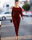 Elegant Gray Burgundy Knitted Sweatshirt Elastic Waist Warm Pullovers Tracksuit