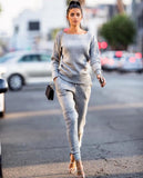 Elegant Gray Burgundy Knitted Sweatshirt Elastic Waist Warm Pullovers Tracksuit