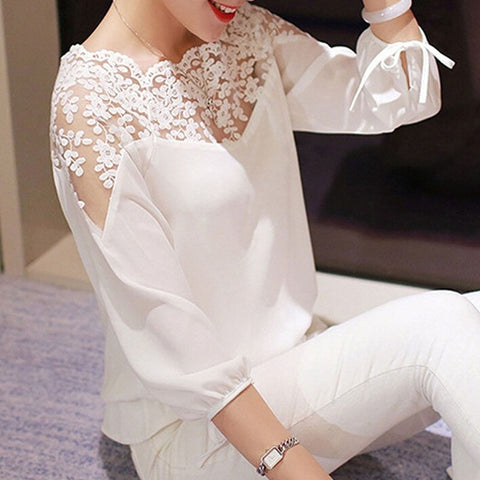 Hot 3\4 Sleeve Lace Hollow Chiffon Blouse