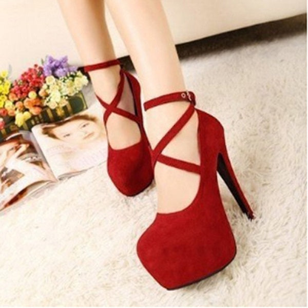 Super High Thin T-strap Buckle Strap Retro Round Toe Pumps Heel