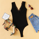 Black Lace Trim Form Plunging Neck Fitting Deep V Neck Sleeveless Skinny Bodysuit