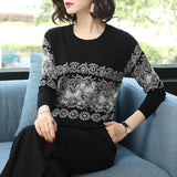 Elegant Elephant Printed Knitted Long Sleeves Pullovers Loose Sweater