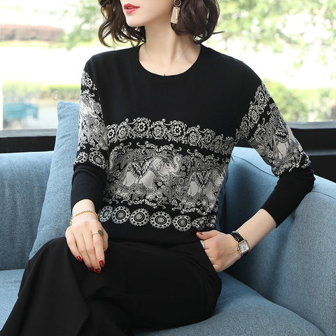 Elegant Elephant Printed Knitted Long Sleeves Pullovers Loose Sweater