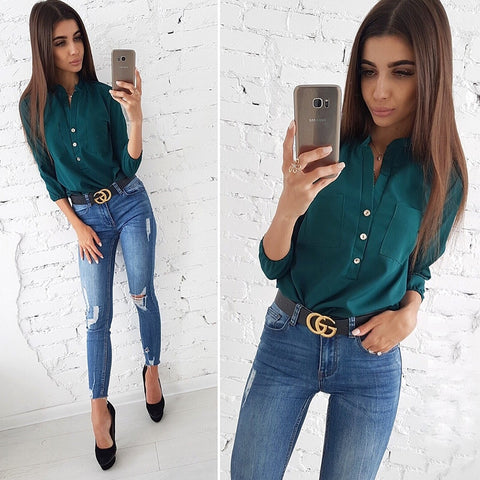 Casual Buttons Pockets Blouses Three Quarter V neck Solid Vintage Shirt