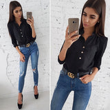 Casual Buttons Pockets Blouses Three Quarter V neck Solid Vintage Shirt