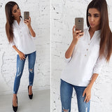 Casual Buttons Pockets Blouses Three Quarter V neck Solid Vintage Shirt