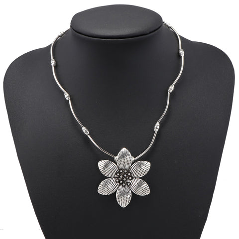 Bohemian Tibet Silver Color Big Statement Flower Necklaces & Pendant