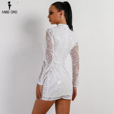 Sexy High Neck Long Sleeve Sequin Skinny Solid Color Mini Party Dress