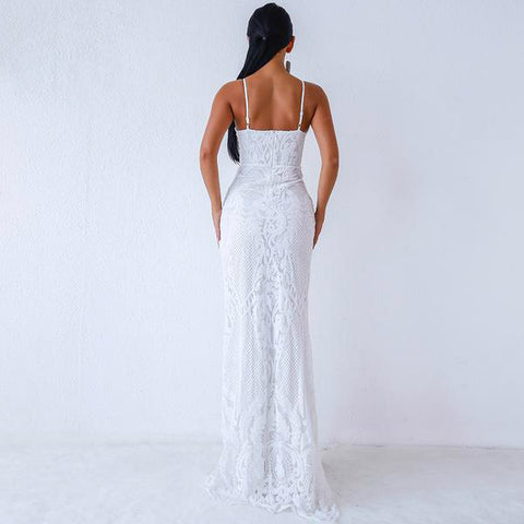 Sexy V Neck  Off Shoulder Backless sleeveless sequin Elegant Party Maxi Dress