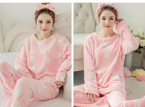 Rabbit Flannel Pajamas Sets Cute Winter Warm Soft Sleepwear Suit Unisex