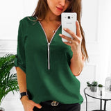 Zipper Short Sleeve V Neck Solid Casual Shirts