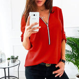 Zipper Short Sleeve V Neck Solid Casual Shirts