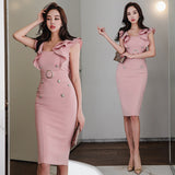 Elegant O-Neck Ruffles Button Slim Strap Split Party Dress