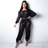 Sequins Mesh Slash Neck Long Sleeve Loose Crop Top 2 Two Pieces Set