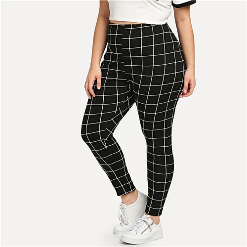 Elegant Mid Waist Grid Print Long Casual Legging