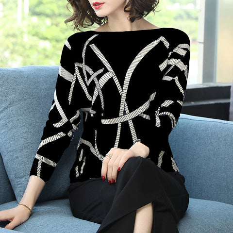 Elegant Geometric Print Color Block O-Neck Pullover Long Sleeve Knitted sweaters