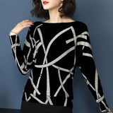 Elegant Geometric Print Color Block O-Neck Pullover Long Sleeve Knitted sweaters