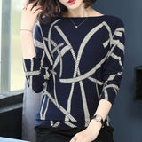 Elegant Geometric Print Color Block O-Neck Pullover Long Sleeve Knitted sweaters