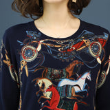 High Quality Winter Loose Knitted Horse Print Pullover O-Neck Sweater