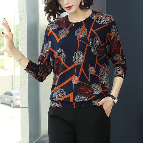 Elegant Floral Print Pullover Warm Long Sleeve Soft Sweater