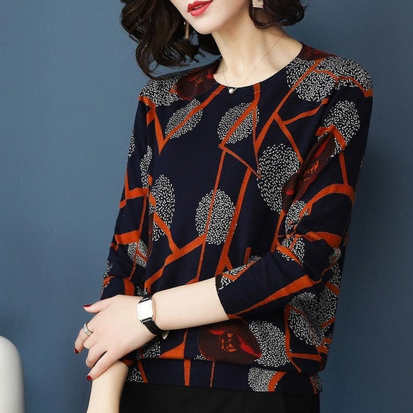 Elegant Floral Print Pullover Warm Long Sleeve Soft Sweater