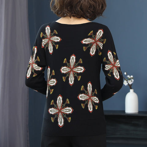 Winter Printed sweater pullover long sleeve elastic knitted top sweater