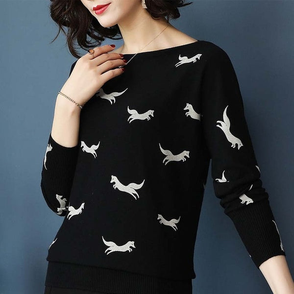 Pullovers O-Neck Fox Pattern Print Long Sleeve Knitted Loose Sweater