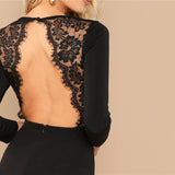 Black Elegant Lace Contrast Backless Long Sleeve Party Dress