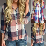 Long Sleeve Button Loose Plaid Shirt Top