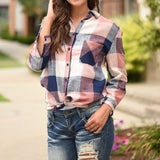 Long Sleeve Button Loose Plaid Shirt Top