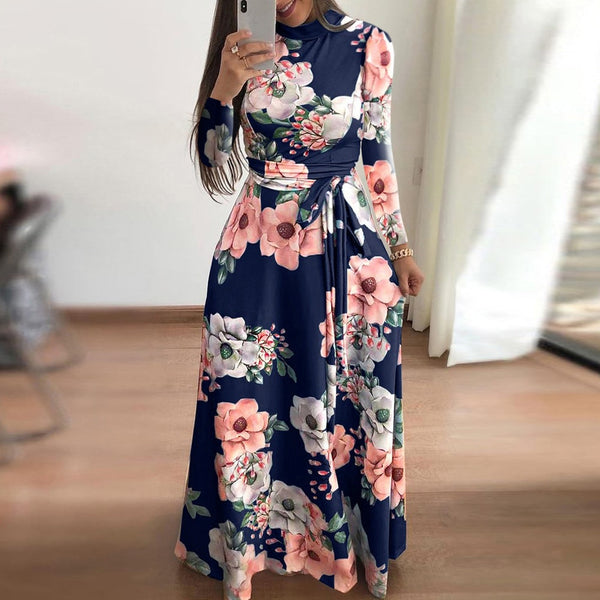 Floral Printed Long Sleeve Belted Autumn Maxi Dress