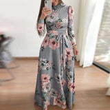 Floral Printed Long Sleeve Belted Autumn Maxi Dress