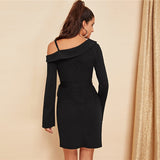 Black Asymmetric Shoulder Wrap Party Dress