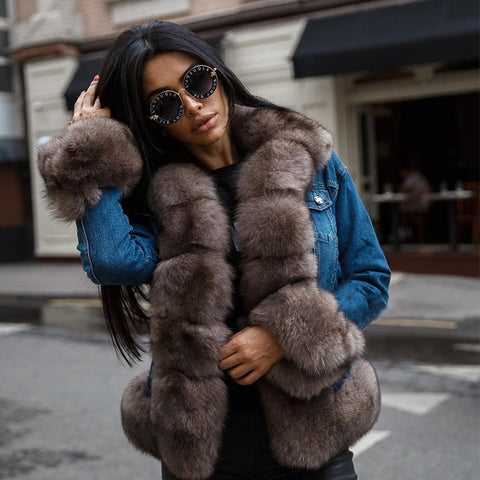 Denim Natural Fox Fur Thick Warm Parka