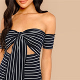 Blue Elegant Backless Knot Striped Ribbed Off the Shoulder Part Dress