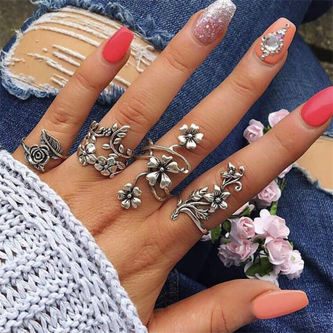 Bohemian Vintage Ring Stone Silver Midi Finger Knuckle Ring Set