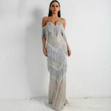 Sexy Bra Off Shoulder Backless Tassel Glitter Maxi Elegant Party Dress