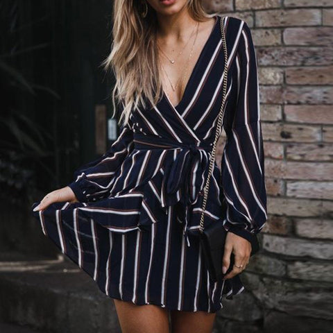 Long Sleeve Striated Elegant Ruffle Vintage Mini Dress