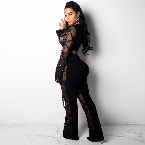 Sequin Mesh Bandage 2 Piece Set Flare Sleeve Crop Top + Wide Leg Pants Suit