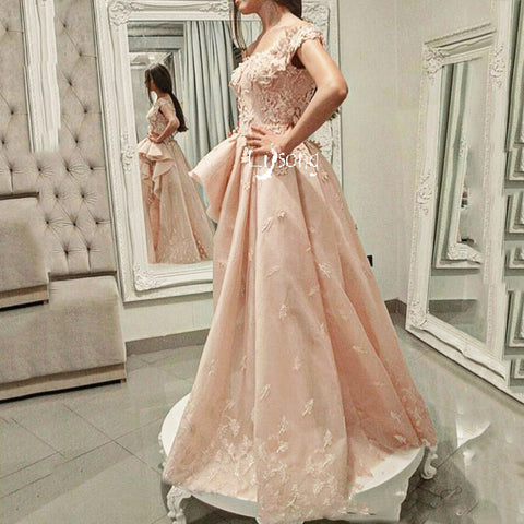 Floral Blush Pink Appliques Pleated Full Party dress