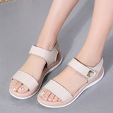 Beige Flat Breathable Leather Casual Hook Loop Flat Sandal