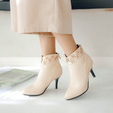 Winter Ankle High Heel Flower Pointed Toe Short Boot