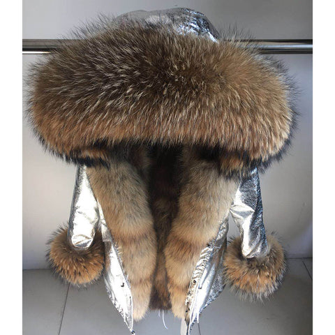 Real Warm Fox Fur Liner Natural Raccoon Collar Coat