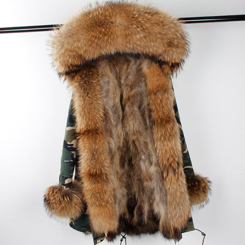 Real Warm Fox Fur Liner Natural Raccoon Collar Coat