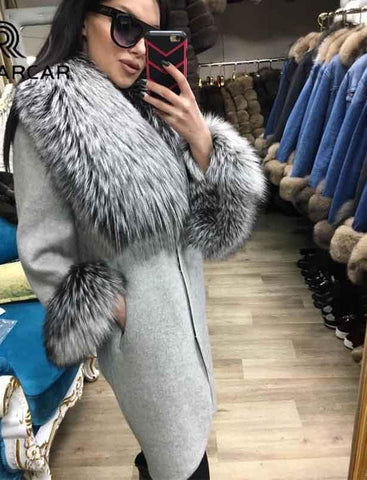 Natural Real Fur Woolen Fur Coat With Thick Fox Fur Collar