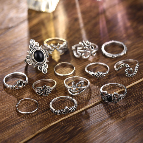 Bohemian Antique Silver Elephant Flower Rose Heart Crown Carved Rings Set