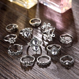 Bohemian Vintage Punk Crystal OM Tortoise Heart Crown Flower Knuckle Ring Set