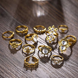 Bohemian Vintage Punk Crystal OM Tortoise Heart Crown Flower Knuckle Ring Set