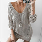 Sexy Long Lady's V Neck Grey Winter Knitted Jumper