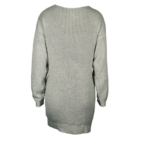 Sexy Long Lady's V Neck Grey Winter Knitted Jumper